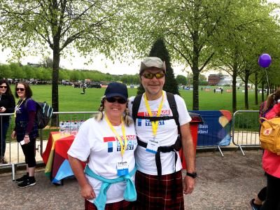 Two people taking part in Kiltwalk for Teenage Cancer Trust