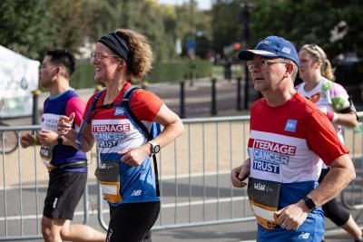 Two runners taking part in the London Landmarks Half Marathon for Teenage Cancer Trust