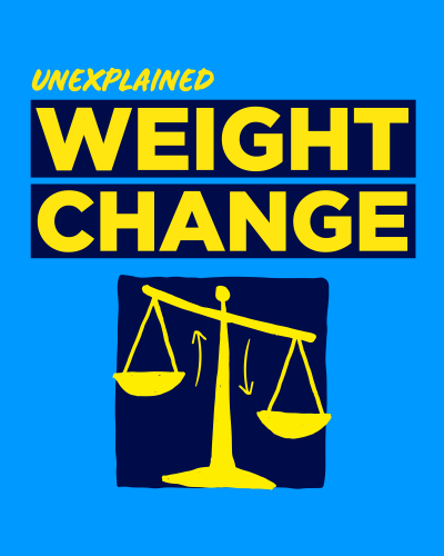 Light blue background with 'unexplained weight change' written in yellow and a line drawing of an old fashioned weighing scale