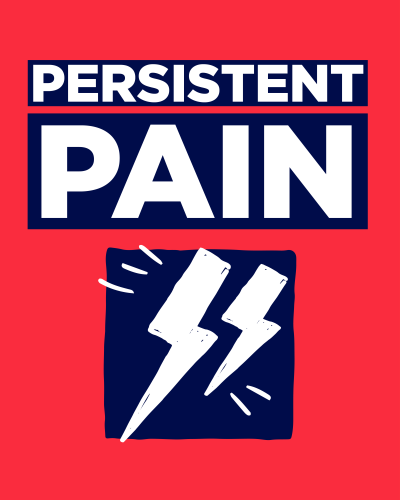 Red background with 'persistent pain' written in white writing on a navy blue block and white lightning bolt on navy background.