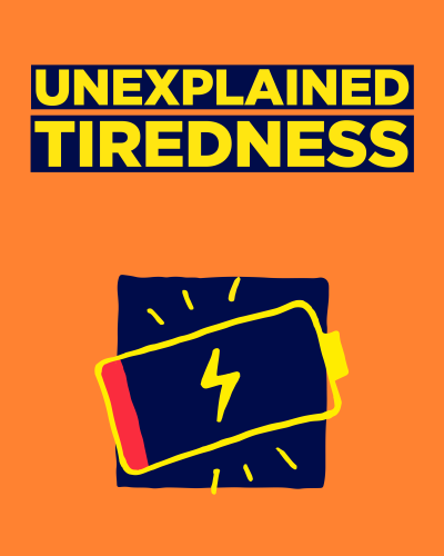 Orange background with yellow writing saying 'unexplained tiredness' and an empty battery line drawing